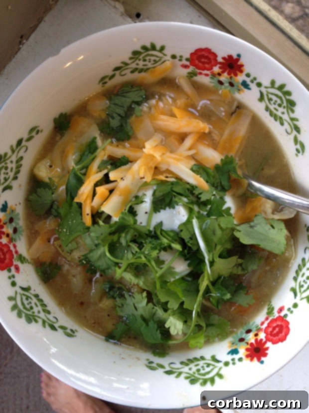 Summer White Chicken Chili Verde A close-up of a rustic bowl filled with hearty white chicken chili verde, richly adorned with a medley of toppings including fresh cilantro, creamy shredded cheese, and a dollop of Greek yogurt. A spoon rests invitingly within the bowl, highlighting the dish's comforting appeal and delicious texture.