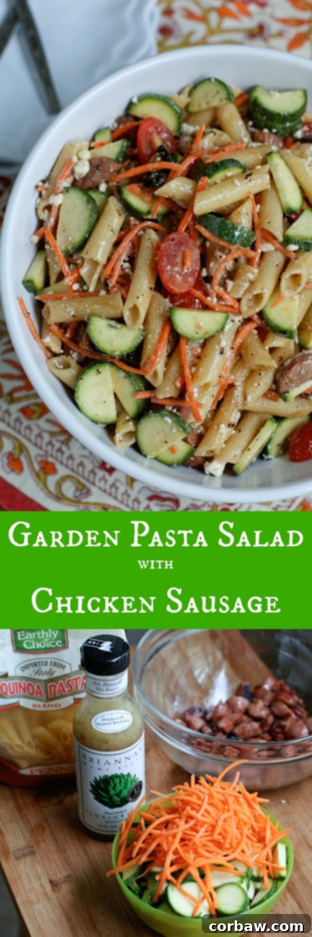 Summer Garden Pasta Salad with Chicken Sausage 3 A healthy and hearty pasta salad recipe perfect for warm weather dinners. We love this Garden Pasta Salad with Chicken Sausage, it's my daughter's favorite!