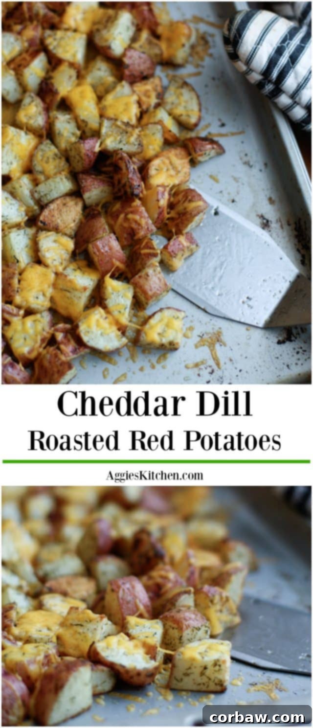 Roasted Red Potatoes with Dill and Cheddar Cheese A beautifully presented dish of Roasted Red Potatoes with Dill and Cheddar Cheese, ready to be served as a delightful side.