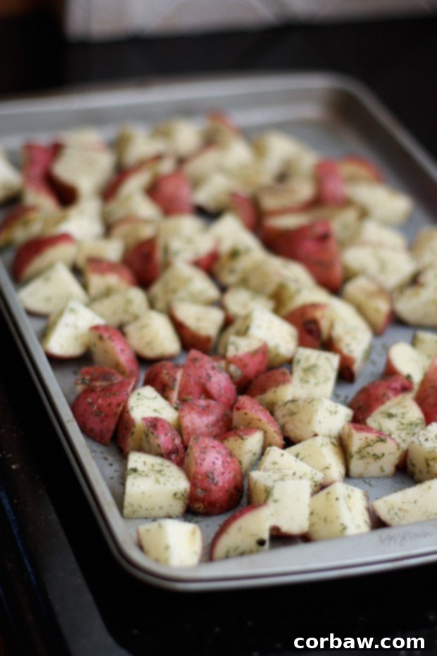 Roasted Red Potatoes with Dill and Cheddar Cheese A vibrant close-up of finished roasted red potatoes with melted cheddar and fresh dill, ready to serve.
