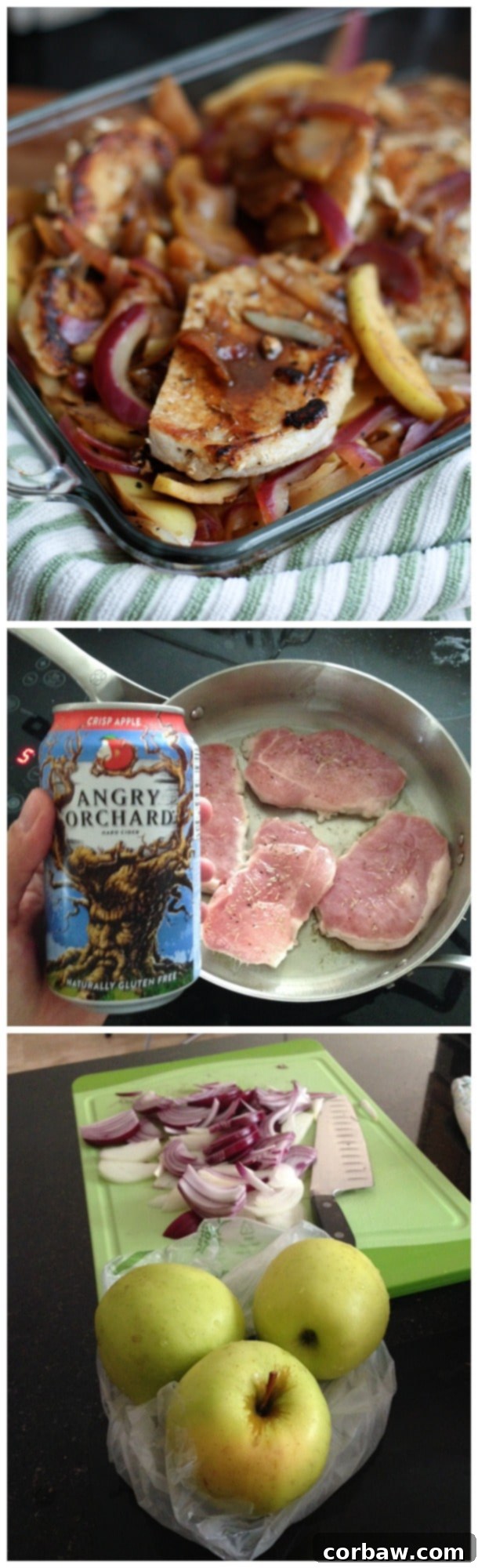 Beautifully composed shot of Hard Cider Skillet Pork Chops with Apples and Onions, highlighting the rich, inviting colors and textures – a perfect comfort food for fall.