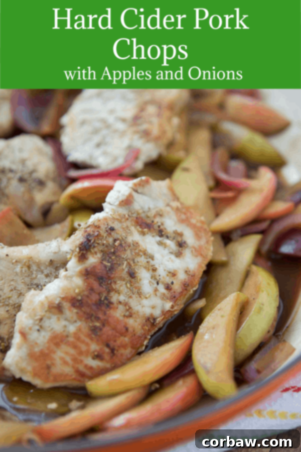 Cider-Braised Skillet Pork Chops with Apples and Onions 2 Pinterest graphic featuring a stunning image of Hard Cider Skillet Pork Chops with Apples and Onions, accompanied by the recipe title, encouraging users to pin this delicious fall dinner idea to their recipe boards.