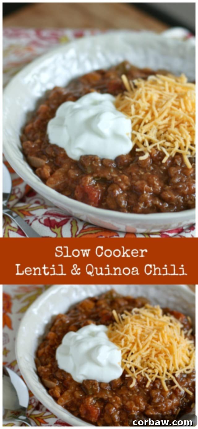 A vibrant and hearty bowl of Slow Cooker Lentil and Quinoa Chili, garnished with fresh cilantro, ready to be enjoyed.
