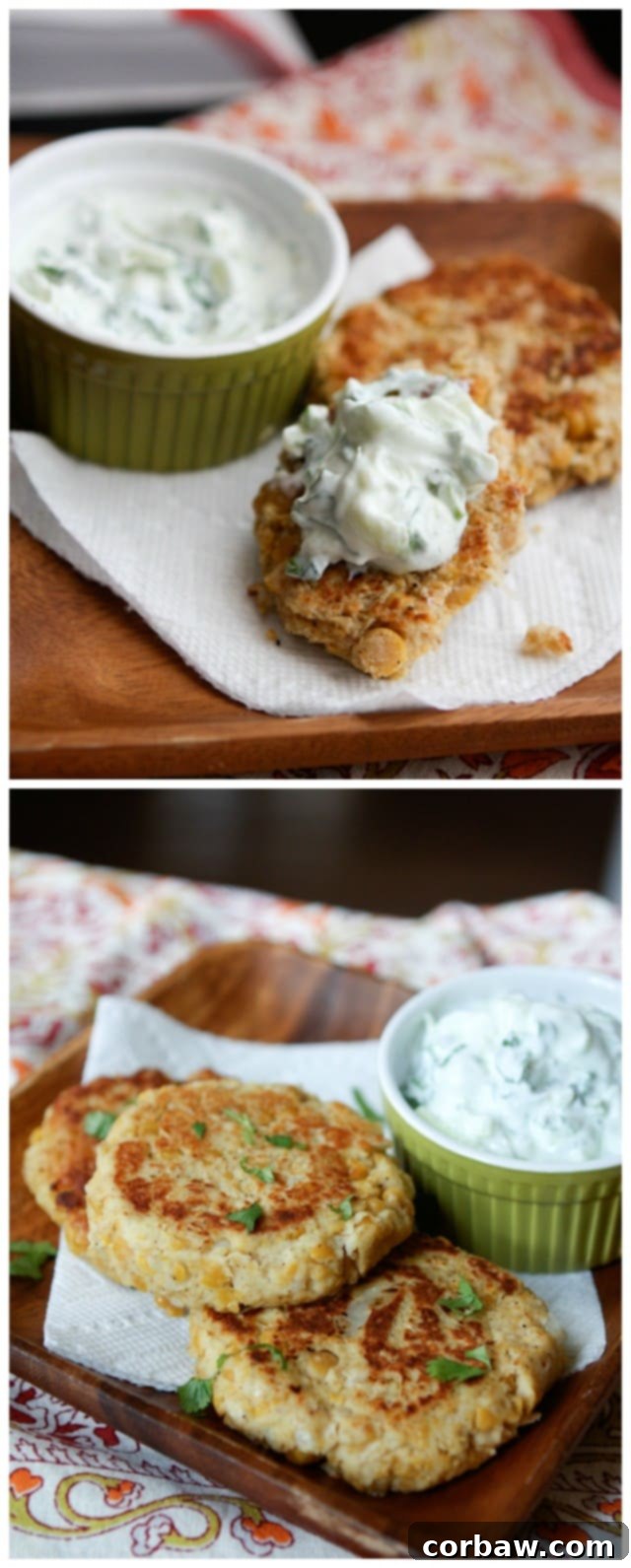 A selection of beautiful and healthy Chickpea Cakes with Cucumber-Yogurt Sauce, ready to be enjoyed.