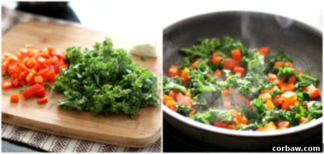 Overhead view of a cooked Kale, Red Pepper, and Goat Cheese Frittata in a cast iron skillet.