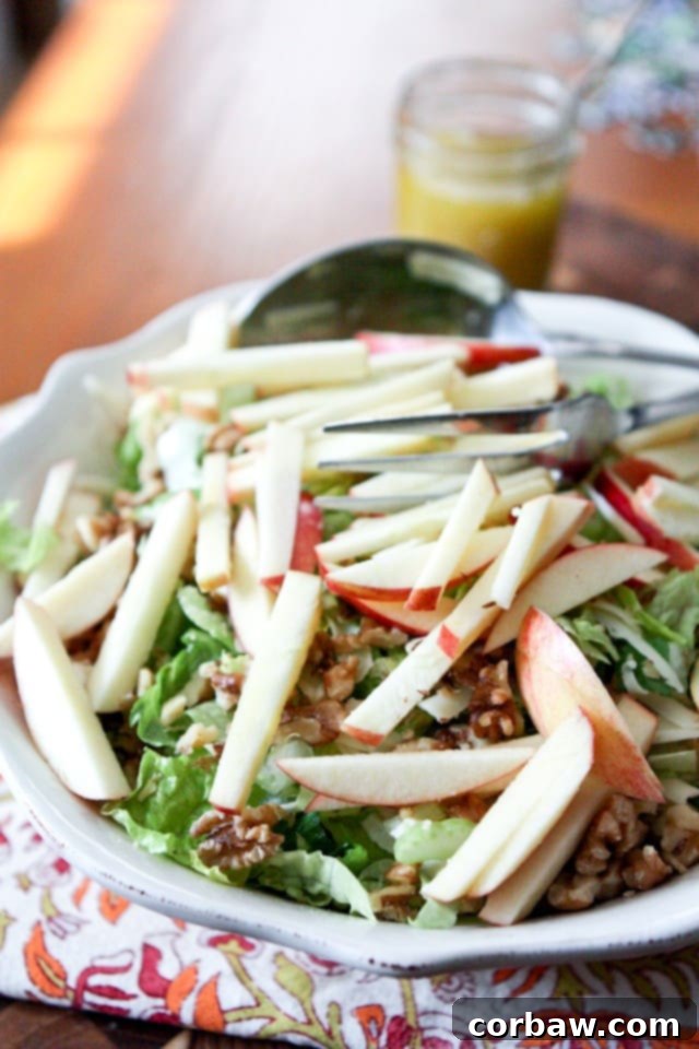 Fresh Apple, Celery, and Walnut Salad with a golden Honey Dijon Vinaigrette, perfect for any meal or party.