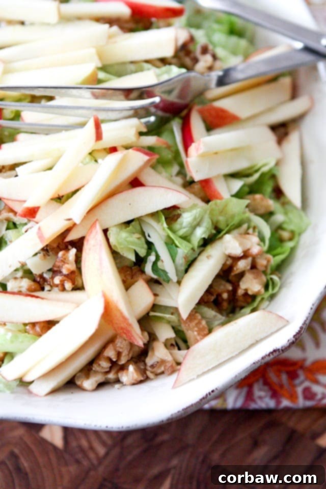 A large serving bowl filled with the Apple, Celery, and Walnut Salad, ready to be tossed and served.