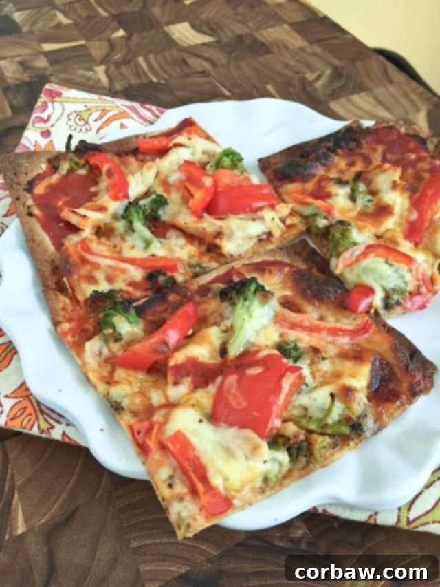 Savory Chicken, Broccoli and Red Pepper Flatbread Pizza 2 Delicious Chicken, Broccoli, and Red Pepper Flatbread Pizza