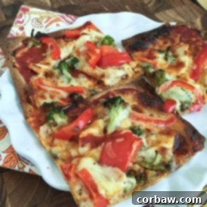 Savory Chicken, Broccoli and Red Pepper Flatbread Pizza 6 Finished Chicken, Broccoli, and Red Pepper Flatbread Pizza