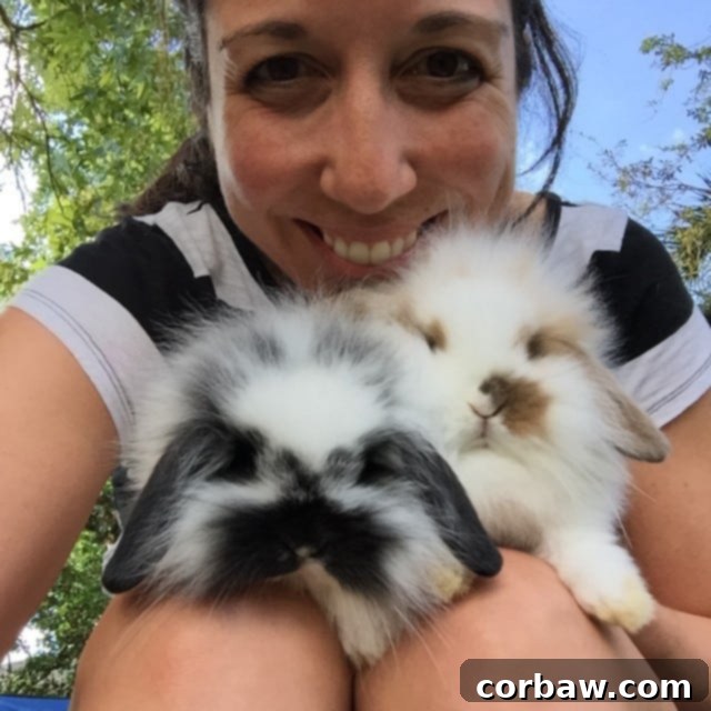 Two adorable bunnies, Rosie and Dutch, sitting together, showcasing their soft fur and cute expressions.