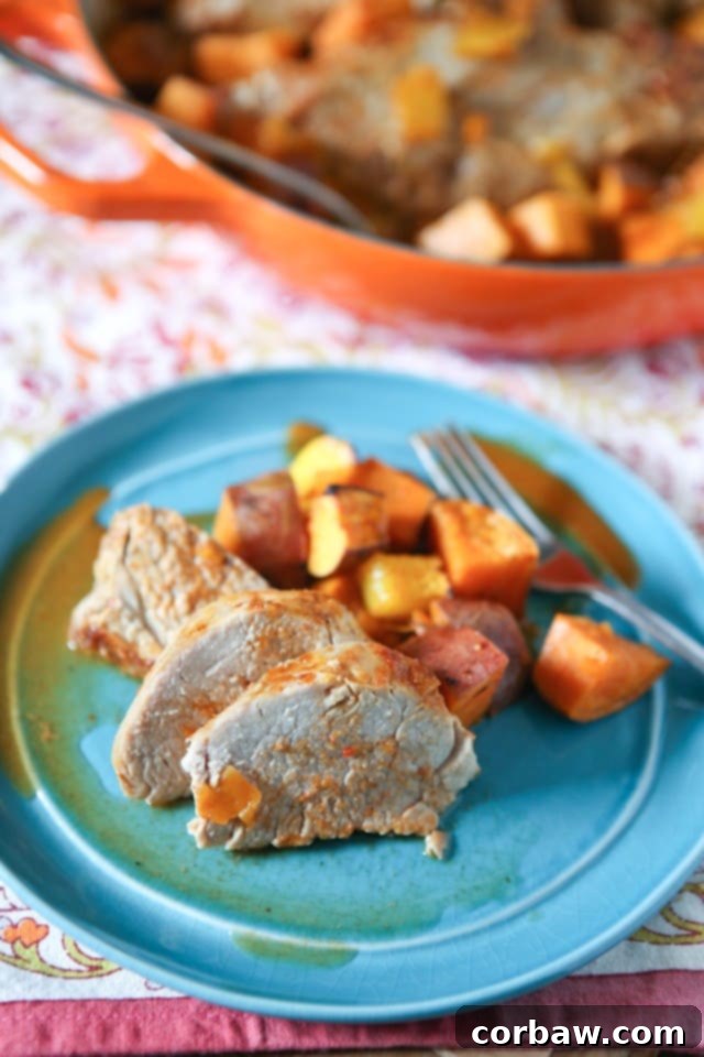 Maple Mustard Roasted Pork Tenderloin with Sweet Potatoes and Mango - a healthy and delicious family meal from aggieskitchen.com