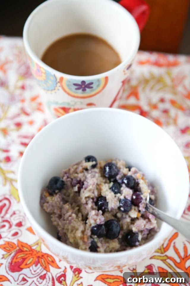 Frozen blueberries being mixed into a warm bowl of oatmeal, highlighting the cooling effect and fresh taste they bring to a healthy breakfast