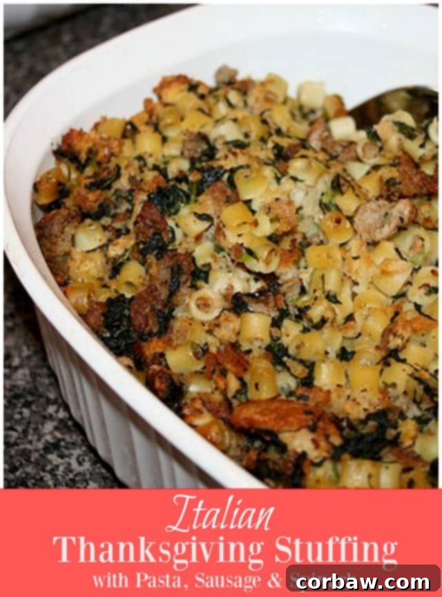 A vibrant, close-up image of the finished Italian stuffing, showcasing ditalini pasta, crumbled sausage, and spinach, highlighting its unique and delicious appeal as a Thanksgiving favorite.