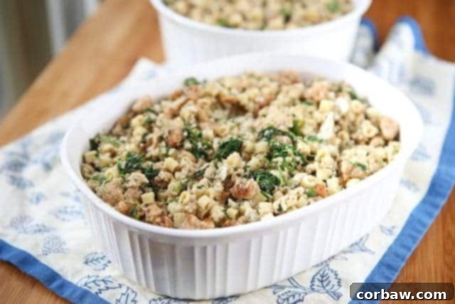 An appetizing image of Italian Stuffing baked in a Corningware dish, showcasing its delicious blend of pasta, sausage, and spinach, perfect for the holidays.