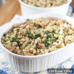 A delicious Italian Stuffing recipe featuring sausage, pasta, and spinach, perfect for Thanksgiving.