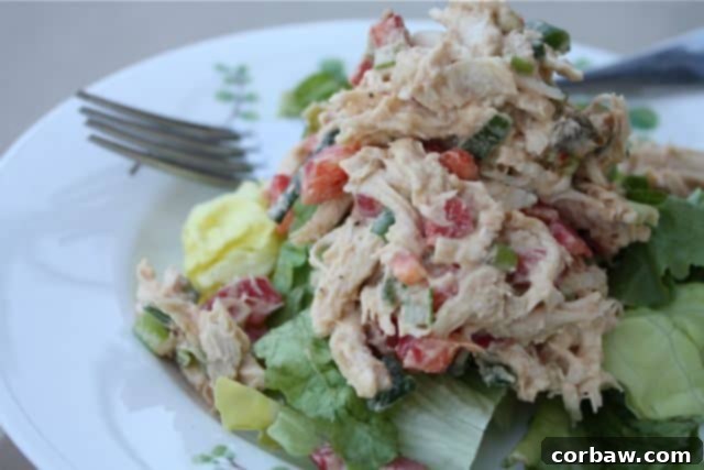 plate with fork and chicken salad topped on a bed of greens