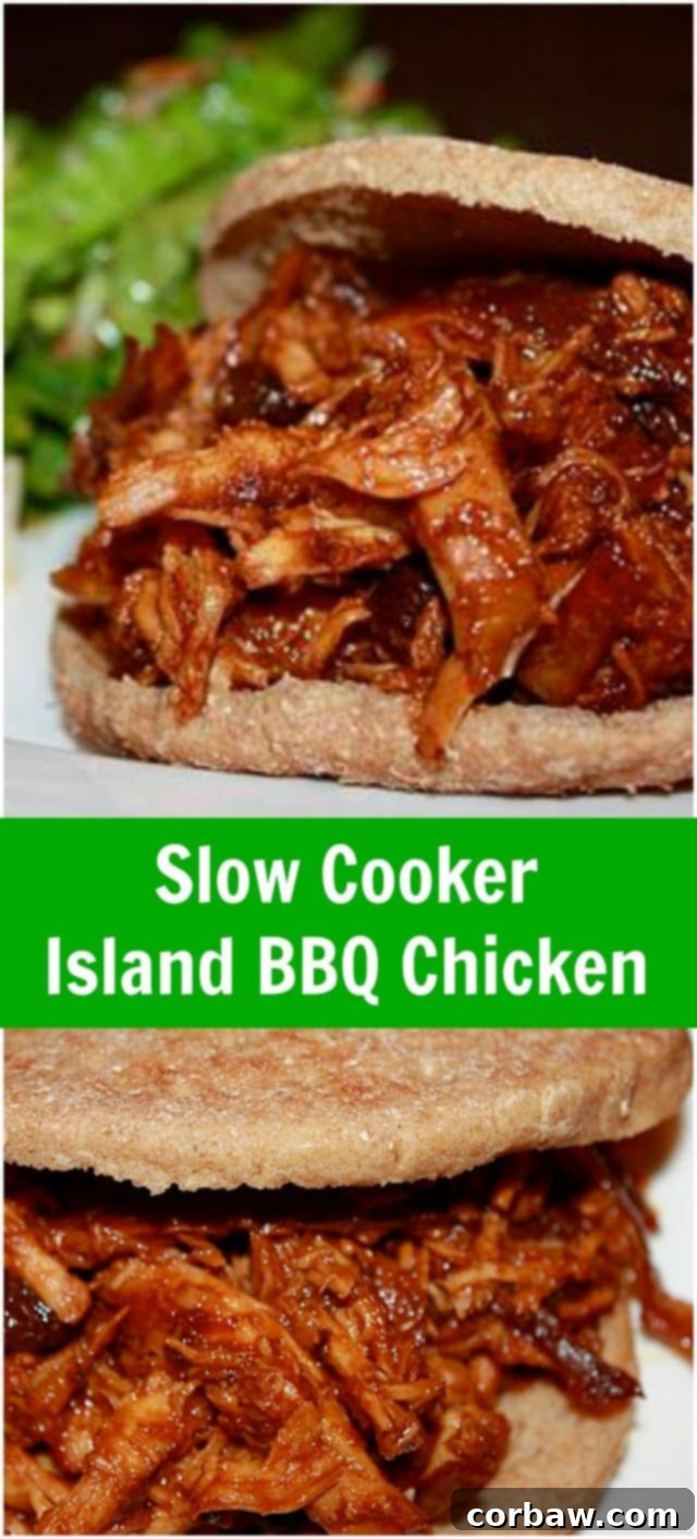 Paradise Slow Cooker BBQ Chicken and Fiery Slaw 3 Slow Cooker Island BBQ Chicken Sandwiches - an easy way to get dinner on the table. A fruity twist on your shredded barbecue chicken! Recipe via aggieskitchen.com