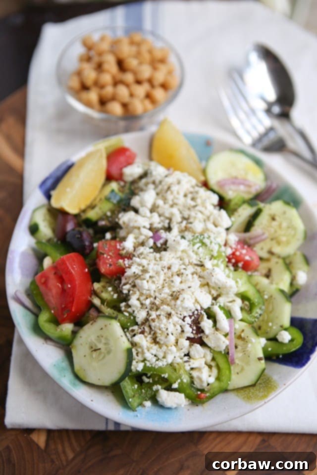 A vibrant and fresh Greek Village Salad, ready to serve