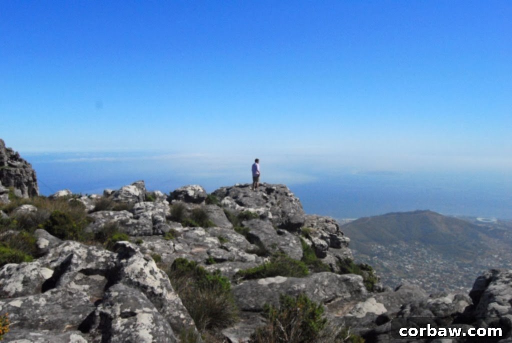 Fiancé taking a panoramic photo from a dangerous ledge on Table Mountain