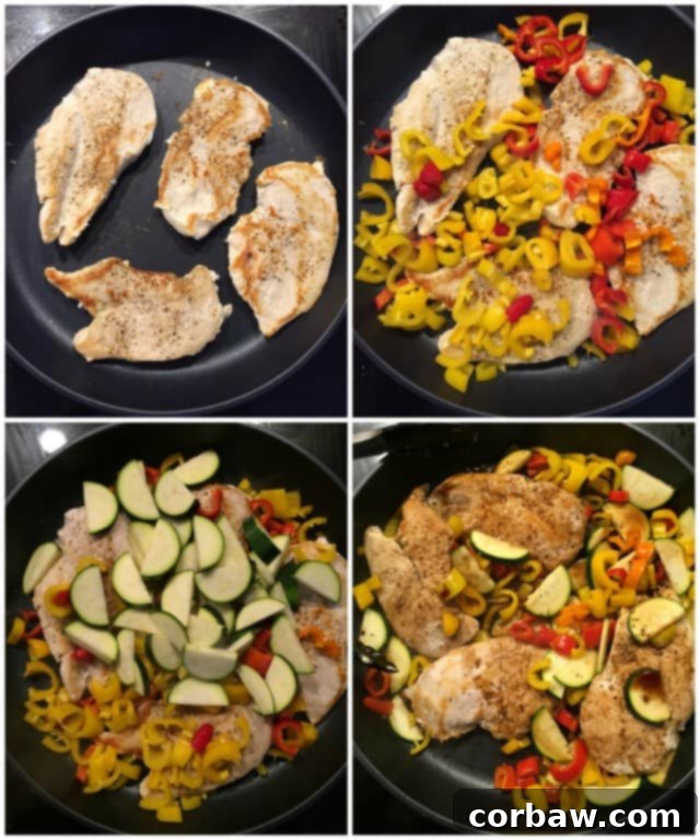 A four-picture collage showing the cooking process: skillet with chicken searing; then colorful red, green, and yellow sweet peppers added; next, zucchini joins the mix; finally, the fully cooked skillet meal ready to be served.